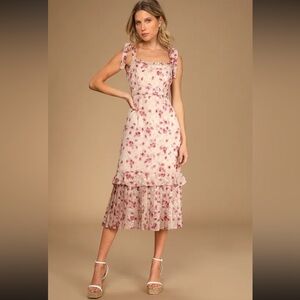 Lulus Terrace views taupe floral print midi dress XL